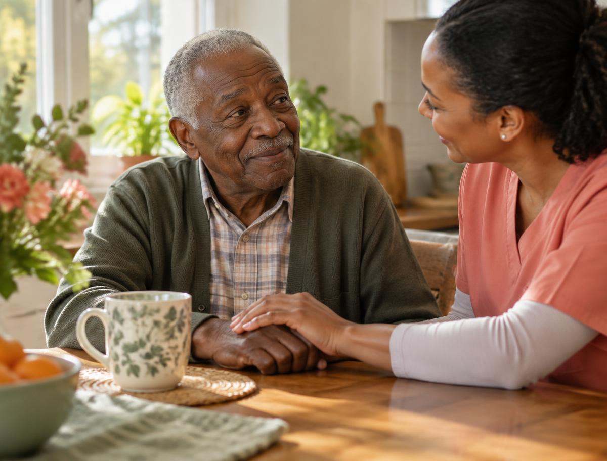 Caregiver listening attentively to an older adult at home